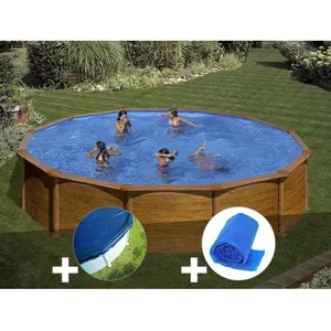 Comparateur de prix : GRE Piscine acier aspect bois Gré Mauritius ronde 5,70 x 1,32 m + Bâche hiver + Bâche à bulles