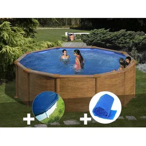 Comparateur de prix : GRE Kit piscine acier aspect bois Gré Mauritius ronde 4,80 x 1,32 m + Bâche hiver + Bâche à bulles Aspect Bois