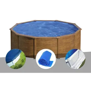 Piscine acier GRE Sicilia ronde 3,20 x 1,22 m - Aspect bois - Kit complet avec bâches et tapis