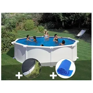 Gre Kit piscine acier blanc Gré Atlantis ronde 4,80 x 1,32 m + Bâche hiver + Bâche à bulles