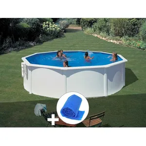 GRE Kit piscine acier blanc Gré Bora Bora ronde 3,70 x 1,22 m + Bâche à bulles Blanc