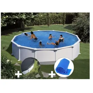Gre Kit piscine acier blanc Gré Atlantis ronde 5,70 x 1,32 m + Bâche hiver + Bâche à bulles pas cher