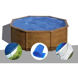GRE Kit piscine acier aspect bois Gré Sicilia ronde 3,70 x 1,22 m + Bâche hiver + Bâche à bulles + Tapis de sol Aspect Bois