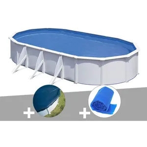 Gre Kit piscine acier blanc Gré Fidji ovale 6,34 x 3,99 x 1,22 m + Bâche hiver + Bâche à bulles pas cher