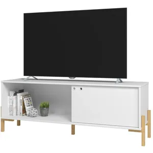 BRV Meuble TV 65 Pouces Blanc 1 Porte Coulissante 2 Niches - L 140 x l 35 x H 49.5 cm pas cher