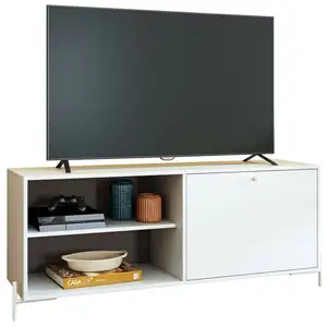 BRV Meuble tv Bar 60 Pouces Blanc 1 Porte 4 Niches Pieds Métal Ronds l 142 h 56 p 35 cm pas cher