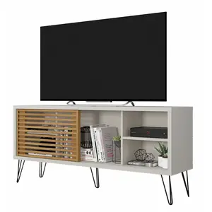 CAEMMUM Meuble tv 55 Pouces Pieds Métal Blanc Ecru Chêne l 136 h 62 p 36 cm pas cher