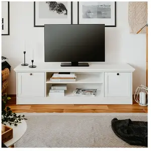 Meuble TV classique blanc satiné - LANDWOOD - L 160 cm - 2 portes - 2 niches pas cher