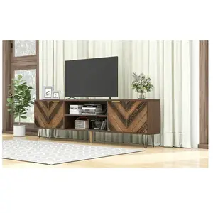 MODERNLUXE Meuble TV 160 cm style avec 2 compartiments et 2 portes en placage de bois massif, Banc tv de Poignées dorées, bois rétro pas cher