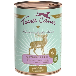 6x4 00g de gibier avec pommes de terre, pomme & airelles Terra Canis sans céréales nourriture pour chien humide pas cher