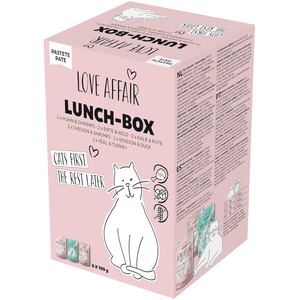 Lot économique : 24x100g 3 sortes (veau & dinde, poulet & crevettes, canard & gibier) paquet de mélange Hardys LOVE AFFAIR Lunchbox nourriture humide pour chats pas cher
