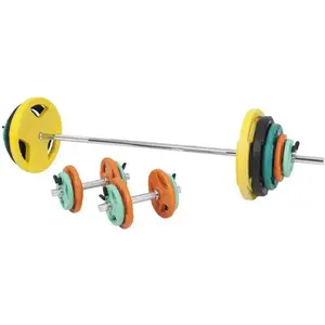 Comparateur de prix : GORILLA SPORTS 97,5kg total - set en caoutchouc grip avec barre longue de 170cm et deux barres courtes de 35cm avec stop disques
