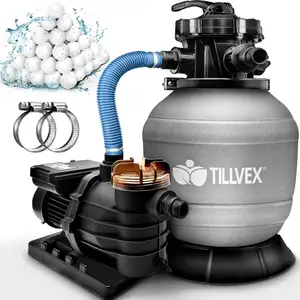 Tillvex® Zandfilterinstallatie voor Zwembad   13.200 L/u tot 40.000 L   Inclusief 1200g Filterbollen | 7-weg Ventiel & 2-in-1 Adapter Ø32-38mm | Zelfaanzuigende Poolfilter   Grijs