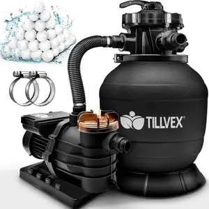 tillvex Zandfiltersysteem 13.200L/h tot 40.000L + 1200g Filterkogels | Zandfilterinstallatie 7-weg ventiel & Adapter Ø32-38mm | Zwembadfilter met drukweergave | Zandfilter zwembad (Zwart)