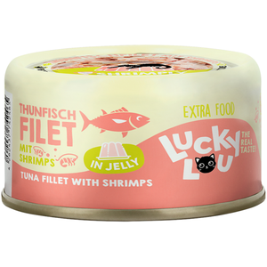 12 x 70 g Lucky Lou Extra Food en gelée au filet de thon et aux crevettes, nourriture humide pour chats pas cher