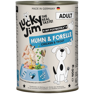 24x400g Lucky Jim Adult poulet et truite pâté pour chien pas cher