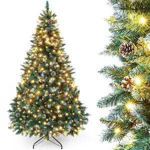 yorbay Kunstkerstboom met LED-verlichting   150 cm   Met Sneeuwlook & Echte Dennenappels   Stevig & Brandveilig   Compacte Luxe Kunstboom pas cher