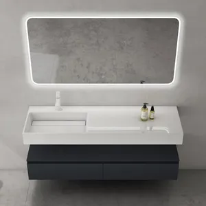 Sogood Meuble de Salle de Bain Gris Noir Mat Ensemble de 3 Pièces Meuble avec Lavabo 150cm et LED Miroir Design Up avec 2 TiroirsVendu parcdiscount