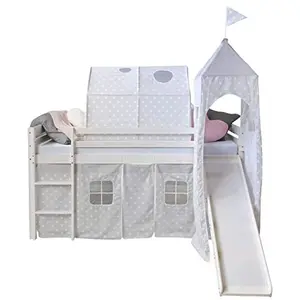 HOMESTYLE4U Lit mezzanine 90x200 avec toboggan + échelle + rideau + tour et tunnel gris etoile pas cher