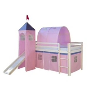 HOMESTYLE4U Lit mezzanine pour enfants 90 x 200 cm blanc avec rideau rose  Tunnel  Tour  Toboggan  Avec sommier à lattes pas cher