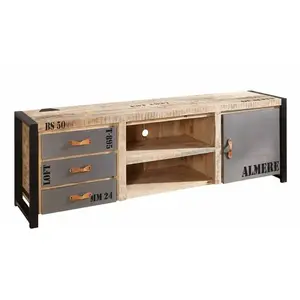 Massivmoebel24 Meuble TV 200x45cm - Bois massif de manguier brut - Fer et bois imprimé - FACTORY #133Vendu parcdiscount