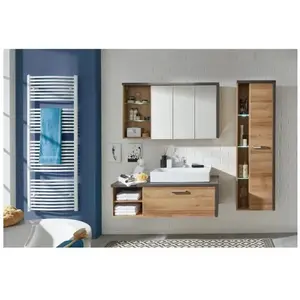 Comparateur de prix : BAY Salle de bain complète : Armoire+colonne+meuble avec vasque+miroirs - Mélaminé chêne et béton - L186 x P53 x H198 cm -