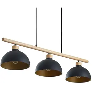 Lindby - hanglamp - 3lichts - Ijzer, rubberhout - E27 - zwart, goud, licht hout