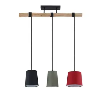 Lindby - Hanglamp - 3lichts - Hout, stof, ijzer - E27 - Natuurlijk hout, rood, groen, zwartVendu parbol