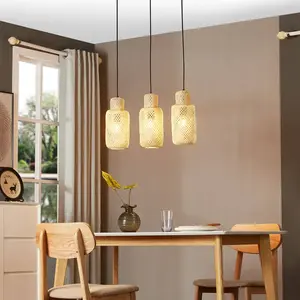 Lindby - hanglamp - 3lichts - Bamboe, plastic - E27 - licht hout, zwar... pas cher