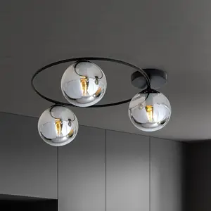 Euluna - plafondlamp - 3lichts - Staal, glas - H: 20 cm - E14 - zwart, grafiet pas cher