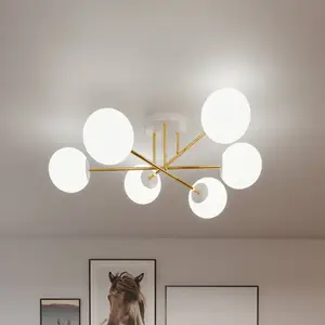 Euluna - plafondlamp - 6lichts - Staal, glas - H: 26 cm - E14 - wit, goud, wit opaal pas cher