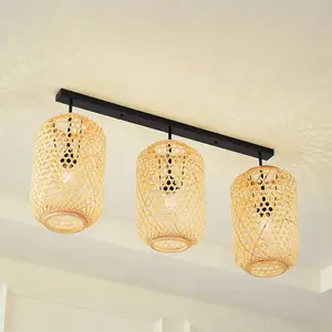 Lucande - plafondlamp hout - 3lichts - Bamboe, ijzer - H: 50 cm - E27 - licht hout, zwart pas cher