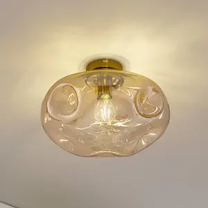 Lindby - plafondlamp - 1licht - Glas, ijzer - H: 25 cm - E27 - amber, messing pas cher