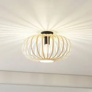 Lindby - plafondlamp hout - 1licht - Bamboe, ijzer - H: 23.5 cm - E27 - natuurlijk bamboe, zwart pas cher