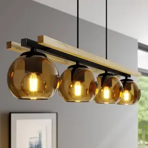 Lindby - hanglamp - 4lichts - Glas, metaal, hout - E27 - amber, zwart, licht eiken pas cher