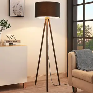 Lindby - vloerlamp hout- Driepoot - - 1licht - rubberboomhout, textiel - H: 148 cm - E27 - donkergrijs, zwart pas cher