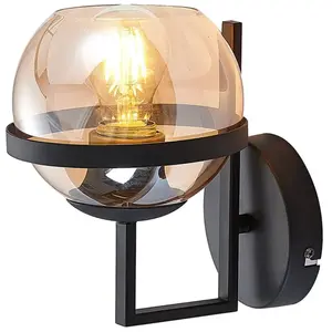Lindby - wandlamp - 1licht - Glas, staal - H: 19.7 cm - E27 - rookgrijs helder, zwartVendu parbol