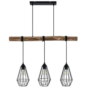 Lindby - hanglamp - 3lichts - Metaal, hout - E27 - matzwart, licht hout pas cher