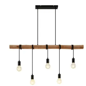 Lindby - hanglamp - 5lichts - Ijzer, hout, touw - E27 - matzwart, licht hout pas cher