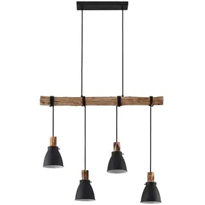 Lindby - hanglamp - 4lichts - IJzer, eucalyptushout - E14 - zwart, licht hout