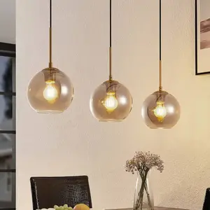Lindby - hanglamp - 3lichts - staal, glas - E27 - rookgrijs, messing, ...