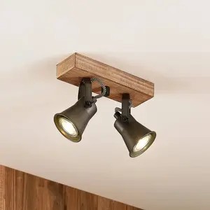 Lindby - halogeen spot - 2lichts - metaal, hout - H: 14 cm - GU10 - bruin, zwart pas cher
