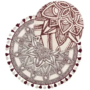 BELIANI Tapis Boho Rond en Coton 120 cm avec Motif et Pompons Rouge et Blanc Oltu
