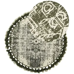 BELIANI Tapis Rond Design Vieilli avec Pompons 120 cm en Coton Blanc Crème et Vert Kahta pas cher