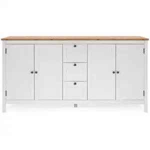 Petit buffet - BERGEN 51 - Blanc / Chêne artisan - 4 portes 3 tiroirs - 180 x 90 x 40 cm