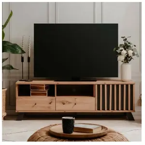 Calicosy Meuble TV - MEDAN - 1 porte + 2 tiroirs - Chêne artisan et anthracite pas cher
