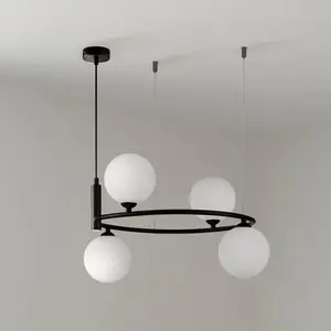 MAYTONI DECORATIVE LIGHTING Lustre Suspension Exquis 4 Lumières, en forme de bol, armature en Métal couleur noir, plafonniers en verre couleur blanc, pour le pas cher