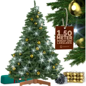CASARIA® Sapin de Noël artificiel Premium 150cm 54 boules or guirlande lumineuse LED 20m blanc-froid pied certifié FSC® arbre Noël pas cher