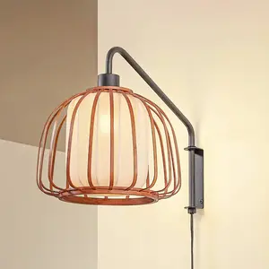 Lindby - Wandlamp hout - 1licht - Bamboe, textiel, metaal - H: 28 cm - E14 - Hout donker, beige, zwart