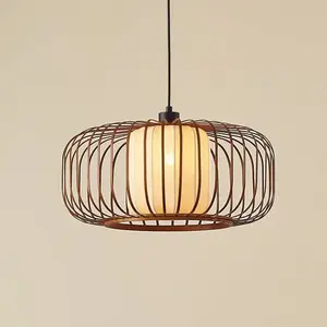 Lindby - Hanglamp - 1licht - Bamboe, textiel, metaal - H: 24.5 cm - E27 - Donker hout, beige